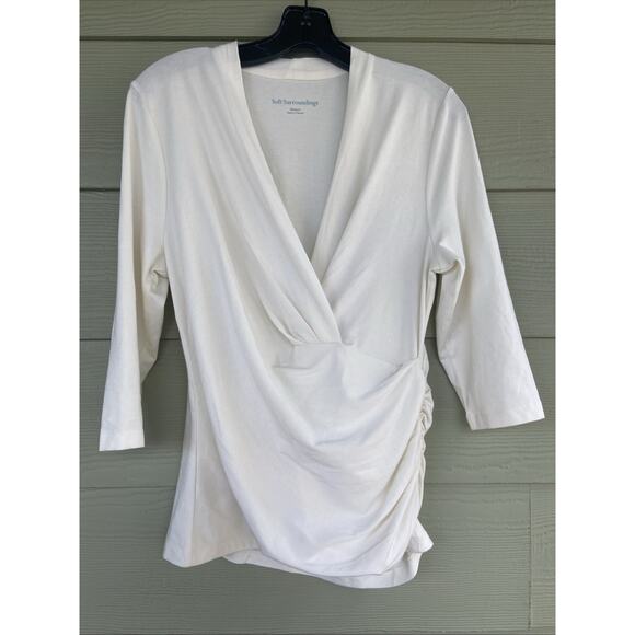 Soft Surroundings Ivory Pearl Alondra Knit Top I Vneck Shirring Shirt Womens Med - Picture 3 of 8